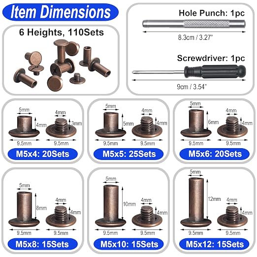 YORANYO 110Sets Chicago Screws Leather Rivets Assorted Screw Rivets Chicago Binding Screws for Decorate and Repair Leather Craft Belt Bag Shoes Purse Bookbinding (Antique Copper, M5*4,5,6,8,10,12)