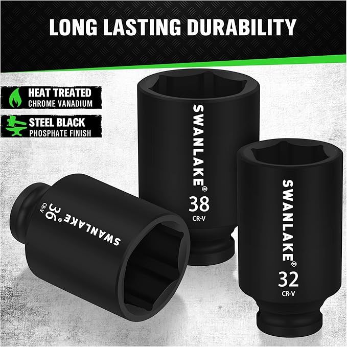 SWANLAKE 9-Piece 1/2" Impact Axle Nut Socket Set, Deep Metric Large Socket Set, 29mm 30mm 31mm 32mm 33mm 34mm 35mm 36mm 38mm, Cr-V Spindle Joint High Torque Wheel Nut Sockets