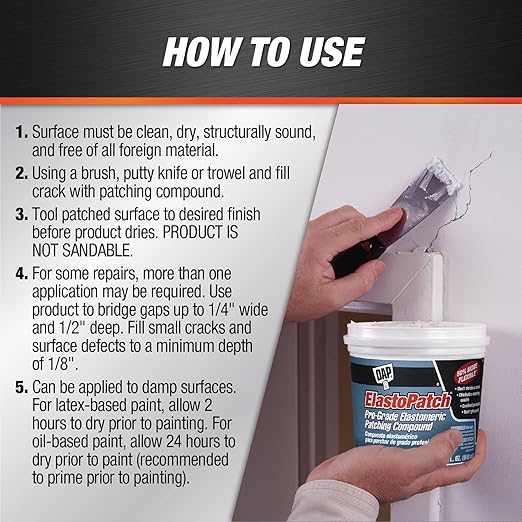 DAP ElastoPatch Smooth Flexible Patching Compound, White, 32 Oz (7079812278)
