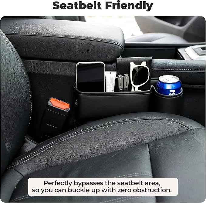 Universal Fit Car Seat Gap Filler Organizer, Premium Leather Console Organizer with Cup Holder, Easy Access to Phone Keys Glasses Wallet, Gifts for Car SUV Truck Owners, Black, 2 Pack