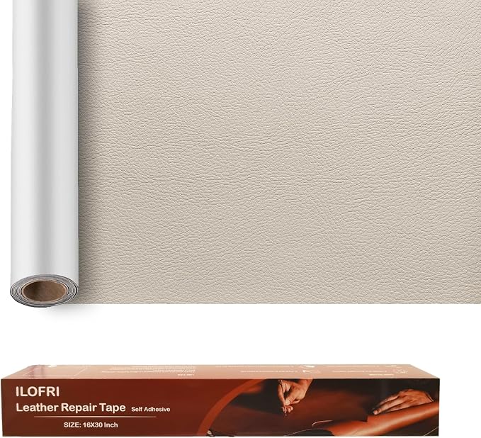 ILOFRI 16x30'' Self Adhesive Leather Repair Patch Tape, Vinyl and Leather Repair Kit for Couches, Furniture, Car Seat, Boat Seat, Sofa, Vinyl Upholstery, Chair, Interior (Ivory)