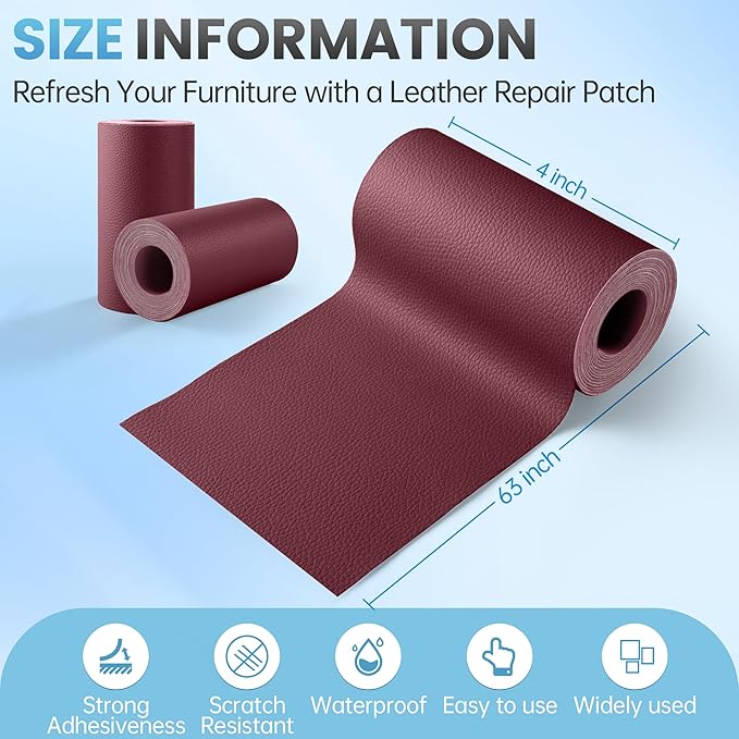 Leather Repair Patch Tape Kit, 4" x 63" Self Adhesive Leather Repair Patch for Furniture, Vinyl Leather Repair Kit for Car Seat, Chairs, Couch, Sofa, Boat Purple Red
