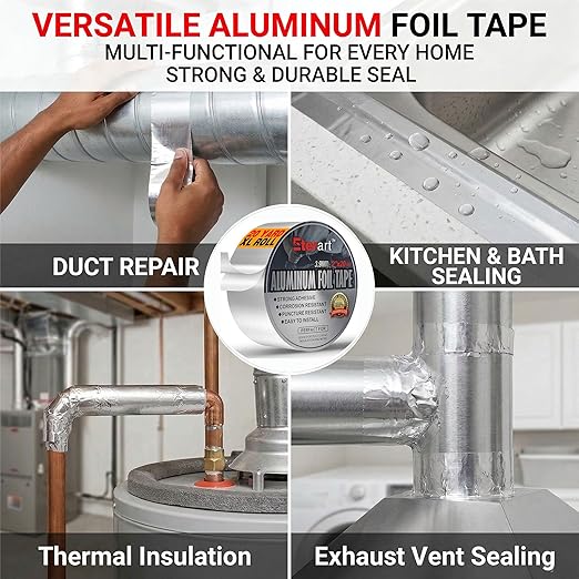 ETERART Heavy-Duty Aluminum Foil Duct Tape - 2" x 20 Yds, High-Temp Seal for HVAC, Dryer Vents & Insulation, Stops Air Leaks & Resists Extreme Heat for Home Repair, Silver