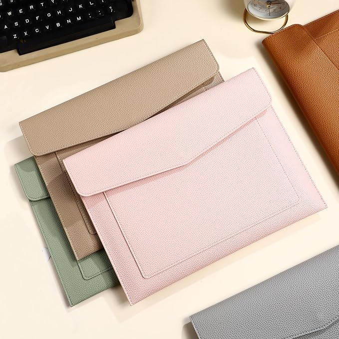 A4 Large Capacity Document Bag, Premium PU Leather File Holder, Multi-Color, Double-Layer Design, 13.39 x 10.04 Inches (Pink)