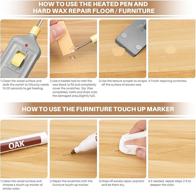 Laminate Floor Repair Kit with Heat Pen, 11 Color Wood Vinyl Floor Furniture Repair Kit Linoleum Repair Hard Wax Touch Up Marker Cover Scratches, Stains, Cracks, Holes for Door, Cabinet, Table.