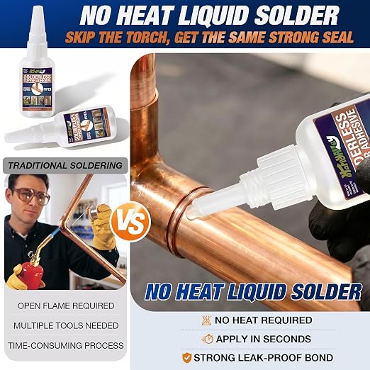 50ml Copper Soldering Kit, No Heat Liquid Solder for Copper Pipe w/Precision Nozzle, Instant Leak Repair Plumbing Solder for Copper&Brass, Up to 500 PSI,-60°F to +300°F,Bonding Solution for Pipe&HVAC