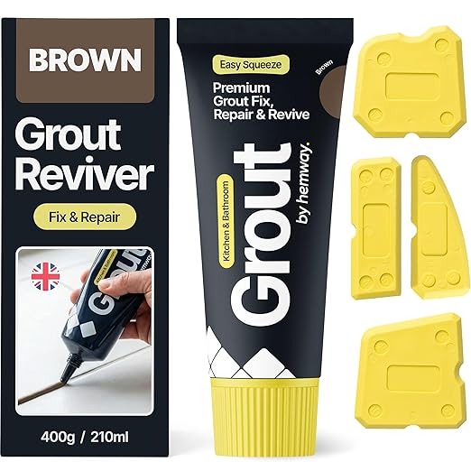 Hemway Brown Grout Reviver Kit | Ready Mixed Grout Repair 400g / 210ml with 4 Piece Profiling Tool Kit | Wall & Floor Tile Adhesive, Kitchen Bathroom Shower, Fast Drying
