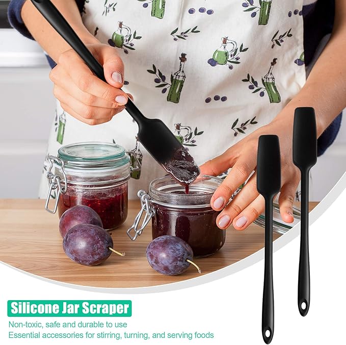 Patelai 2 Pieces Silicone Jar Spatula with Long Handle Heat Resistant Kitchen Scraper Spatula Non Stick Rubber Silicone Scraper for Jam Smoothies Blenders Cooking Baking Stirring (Black)