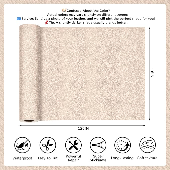 Khaki Leather Repair Tape, 16x120 Inch Leather Repair Patch Self-Adhesive, Waterproof Faux Leather Patch, Vinyl Repair Tape for Couch, Sofas, Furniture, Office Chair, Car Seats