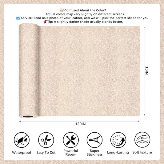 Khaki Leather Repair Tape, 16x120 Inch Leather Repair Patch Self-Adhesive, Waterproof Faux Leather Patch, Vinyl Repair Tape for Couch, Sofas, Furniture, Office Chair, Car Seats