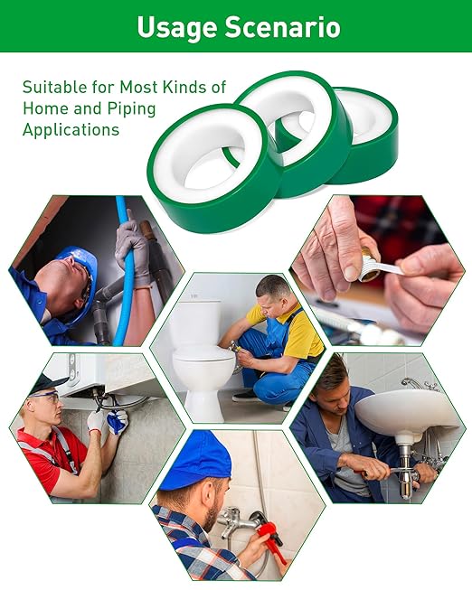 3 Roll Plumbers Tape, Teflon Tape, -374 to 536 Degree F Temperature Range, High Density 0.45g/cm, Water Pipe Sealing Plumbing Tape, Duct Tape, L 390 in x W 0.47 in³. Green