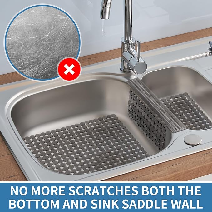 Bligli Plastic Sink Saddle, Sink Divider Mat with Strong Suction Cups, Kitchen Divided Sink Protector Mat for Glassware Dishes, Easy to Clean and No Smell, 9.5" x 12", Translucent Grey