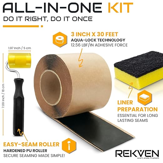 EPDM Rubber Roofing Seam Tape Kit - 30 Feet x 3 Inch - Double Sided Butyl Tape – Black Self Adhesive for Liner Bonding Sealing Repairs – Works with EPDM TPO Hypalon and Other Membranes