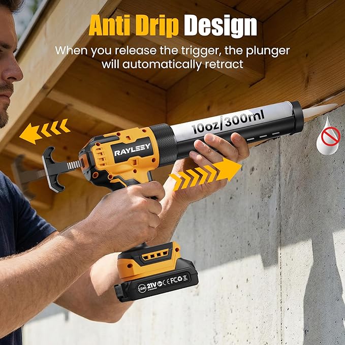Electric Caulking Gun, Battery Powered Caulk Gun with 2 x 2000mAh Batteries, 9pcs Caulk Remover Tool, 6 Adjustable Speeds, Dripless Auto Retract, LED Light Silicone Gun for Filling, Sealing