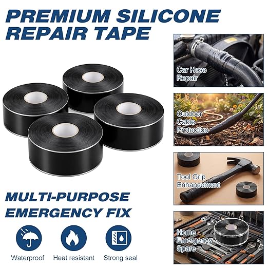 Treela 4 Rolls Self Fusing Silicone Tape 1" x 36' Black Waterproof Self Amalgamating Emergency Silicone Rubber Repair Tape for Hose Pipe Leak Sealing Electrical Insulation Plumbing Automotive Outdoor