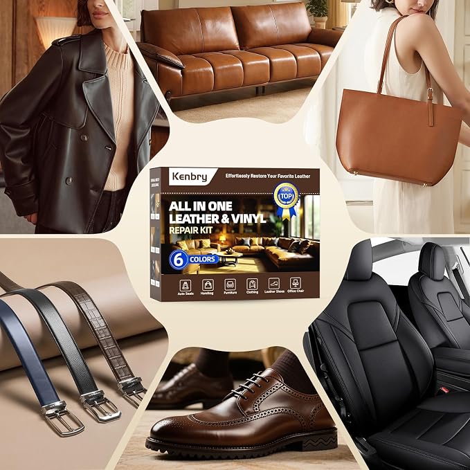 Kenbry Leather Repair Kit, Vinyl Repair Kit for Car Seat, Couch & Furniture, Leather Filler & Scratch Repair for Auto Interior, Leather & Vinyl Restoration