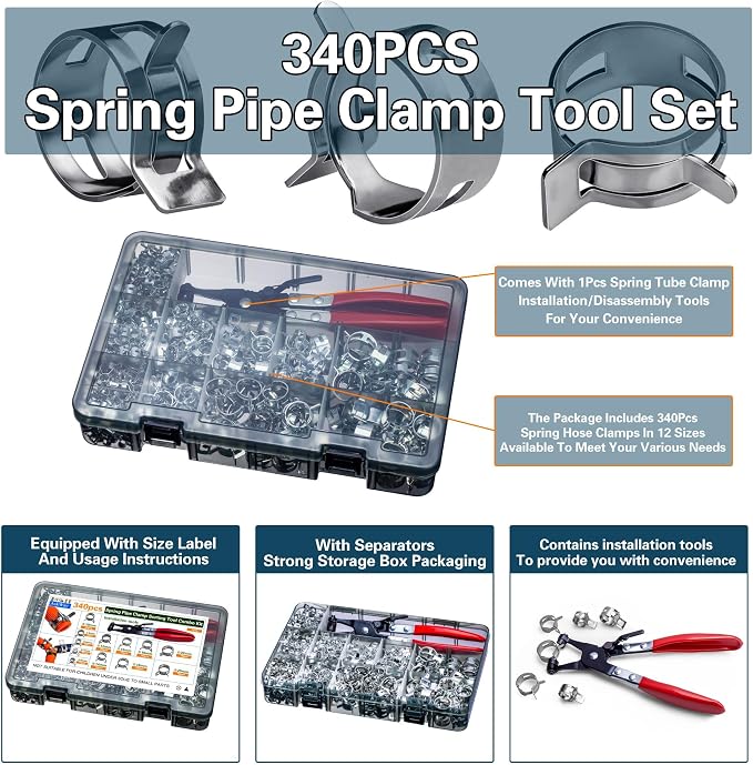 Spring Pipe Clamps340PCS, With Spring Pipe Clamp Tools, 12 Sizes 6-22mm Spring Hose Clamps, Used To Fix Hose Interfaces In Automotive, Marine, Gardening, Industrial Applications