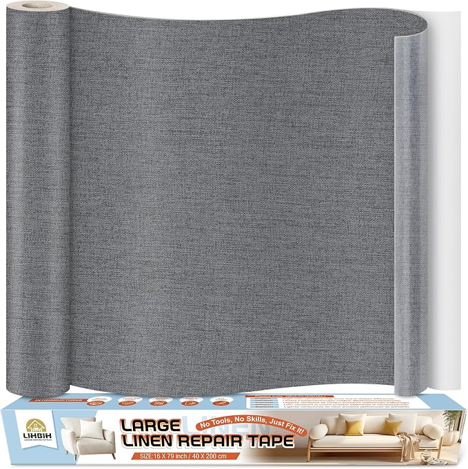 Linen Fabric Repair Tape 16x79 Inch, Self Adhesive Couch Patch Repair Fabric Tape for Furniture, Linen Patch Kit for Couch, Carpet, Upholstery, Chair, Sofa, Cushion, Bag (Dark Grey)