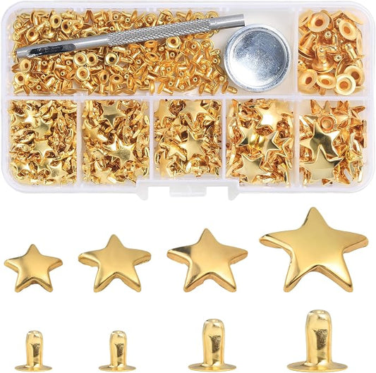 YORANYO 200 Set Mixed Size Leather Rivets Kit for Star Studs, Clothing, Fabric, Gold Color, Crafting, Repair & Decorate Jackets, Shoes, Bags, Belts, Purse