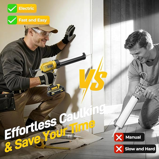 Electric Caulking Gun, 10oz Caulk Gun with 2x2000mAh Batteries, Cordless Caulking Gun, 4 Adjustable Speeds, LED Light, Auto Retraction, 9 Pcs Silicone Caulking Tools for Filling and Sealing