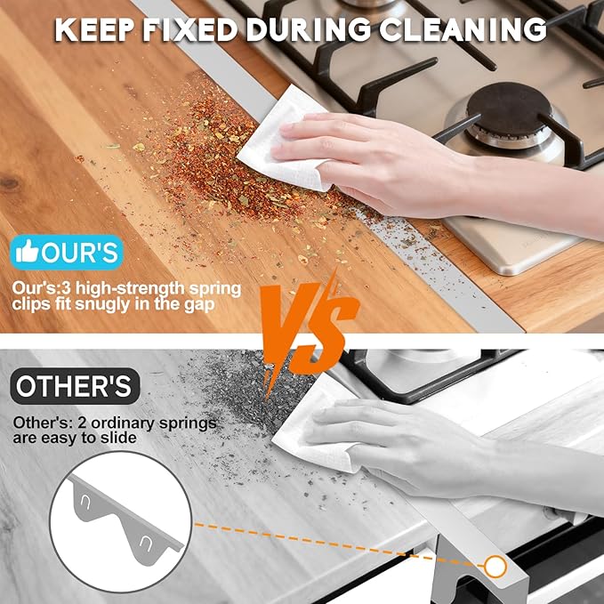 Stove Gap Covers - 2 Pack Stainless Steel Stove Gap Filler, Heat Resistant Oven Gap Filler - Length 23.4" Width 0.79", Spring Clip Design Non-Slip Stove Guard Between Stove Top & Counter - Silver