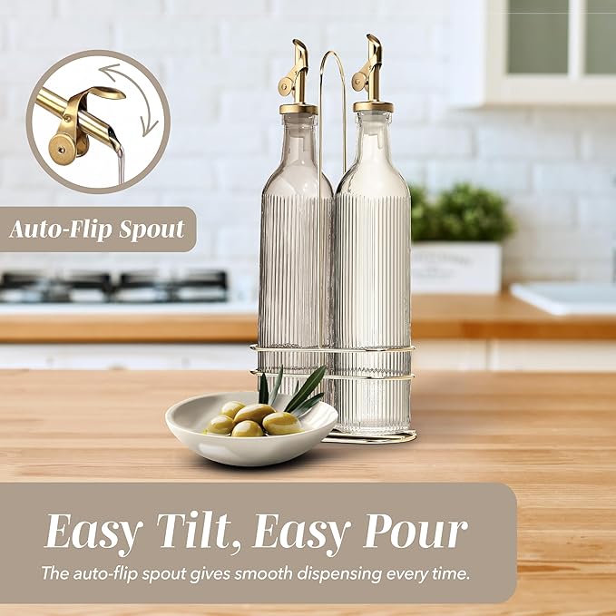 COOK WITH COLOR Glass Olive Oil Bottle Dispenser - 2 Pack- 17oz Oil and Vinegar Cruet - Olive Oil Carafe Decanter for Kitchen, Fluted, Brown
