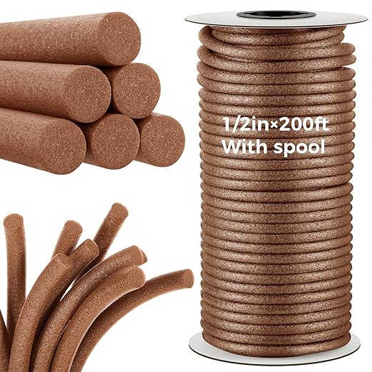 MotiMind 1/2 Inch x 200 ft Foam Backer Rod for Gaps Joints Concrete Crack Filler Caulk Saver Bulk Foam Backing Rod Concrete Filler Rope for Weather Stripping Door Seal (Brown)