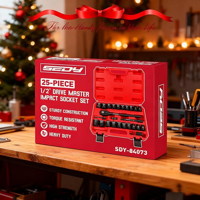 1/2" Drive Socket Wrench Set: 25-Piece SAE & Metric Impact Socket Ratchet Wrench Tool Set Socket Assortment with Storage Box for Repair Mechanic Garage