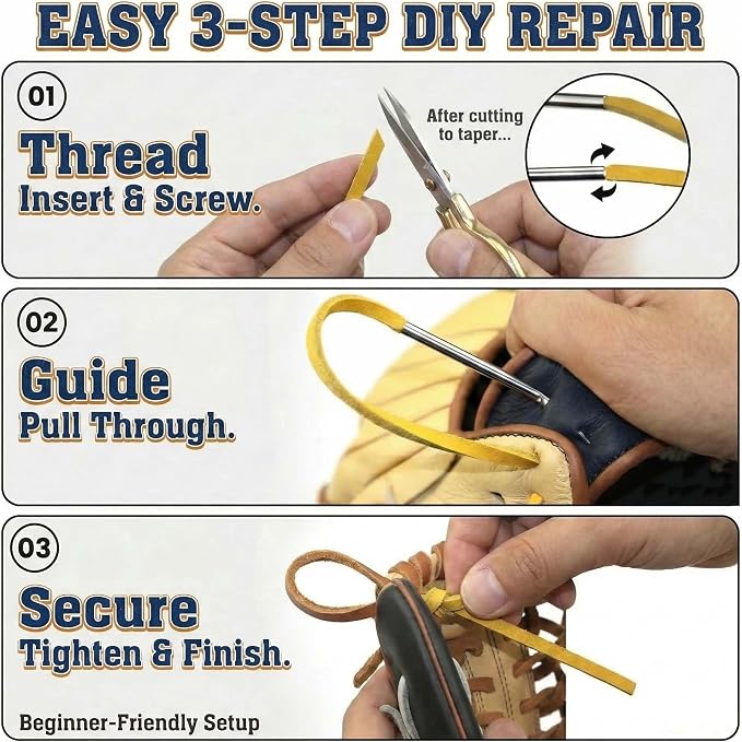 AliBall Baseball Glove Lace Kit - 2x80 Leather Laces w/Needle & Locks | Relacing Repair Kit for Baseball/Softball + Guide
