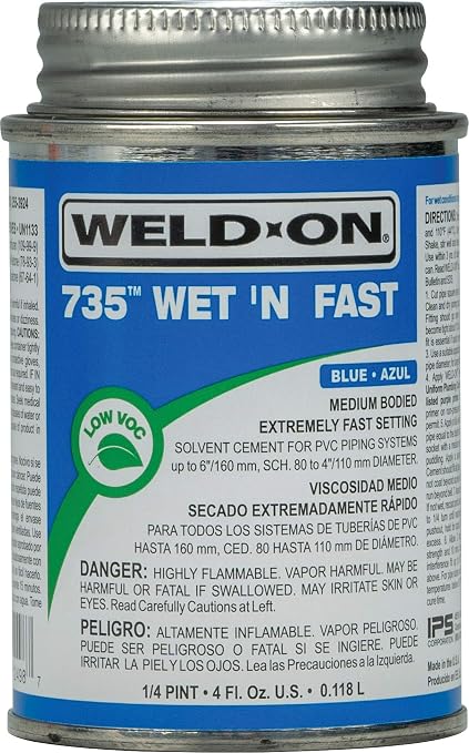 Weld-On 12498 735 Wet 'N Fast Medium-Bodied High Strength PVC Cement - Extremely Fast Setting and Low-VOC, Blue, 1/4 Pint (4 fl oz)