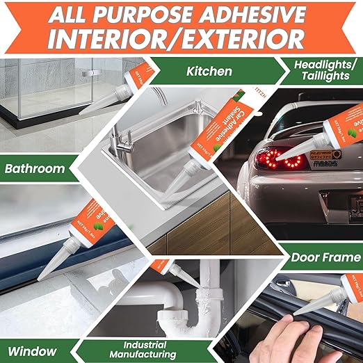 RTV Silicone Sealant Adhesive, 100% Waterproof Silicone Caulk, Strong Adhesion, Shrink & Crack Resistant, All-Purpose Caulk for Car, Kitchen, Bathroom, Window & Door Sealing – 1.8 Fl. Oz (Clear)
