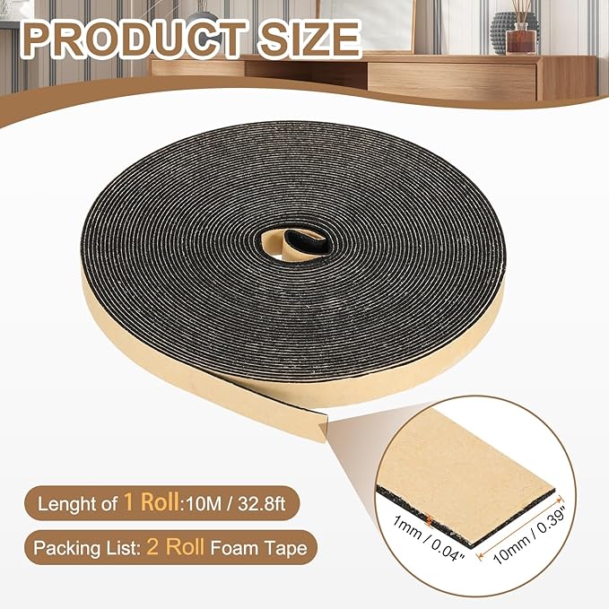 PATIKIL Foam Insulation Tape, 2Pcs 3/8" W x 1/16" t x 32.8FT Self Adhesive Weather Stripping Door Seal Strip for Door Window Air Conditioning, Black