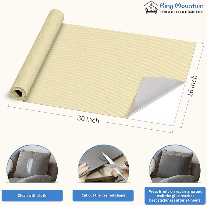 KING MOUNTAIN Canvas Repair Patch 16×30 Inch Self-Adhesive Waterproof Fabric Patch for Sofas, Tents, Furniture,Tote Bags, Car Seats (Beige)
