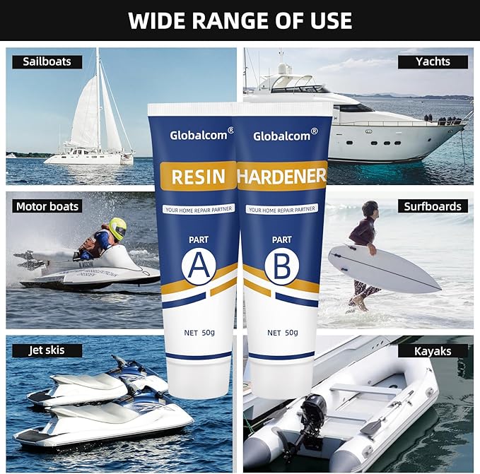 Globalcom Fiberglass Boat Repair Kit White, Gel Coat Repair Kit for Boats, Marine Fiberglass Repair Kit for Boats, Epoxy Filler for Boats, Fiberglass Repair Kit Fix Holes Chips Pit Cracks