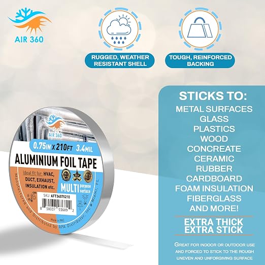 Thick Aluminum 0,75" x 210 ft HVAC Duct Tape for AC & Vent Repair, Cold Temperature Foil Tape for Pipe Insulation, Fire Proof Waterproof Metal Tape, High Temp Flex Duck Tape, Aluminum Body Tape