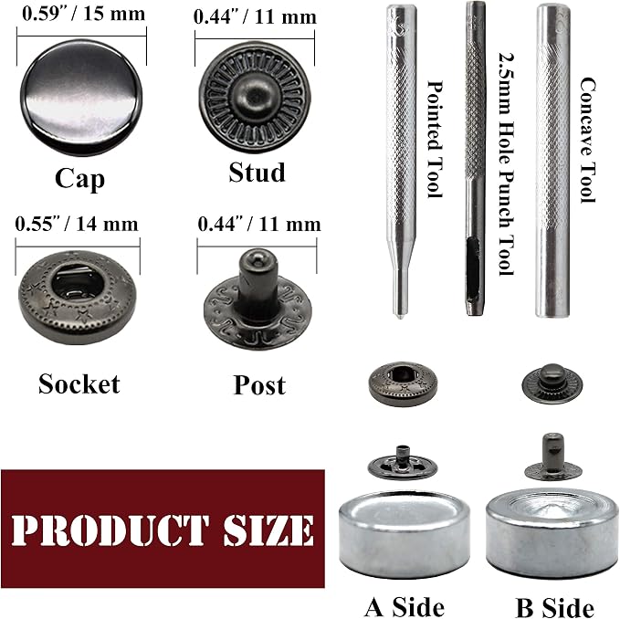 Raydodo 12 Set Leather Snap Fasteners Kit, 15mm Metal Snap Buttons Kit Press Studs with 4 Install Tools, Rivets and Snaps for Clothing, Jeans, Jackets, Bracelets, Bags (Black)