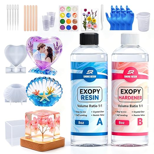 SHORE RESIN Epoxy Resin Kit, Crystal Clear 1:1 Self-Leveling Resin System with High Gloss Finish for Jewelry Making, Casting, Coating & DIY Craft Projects (16oz Kit)