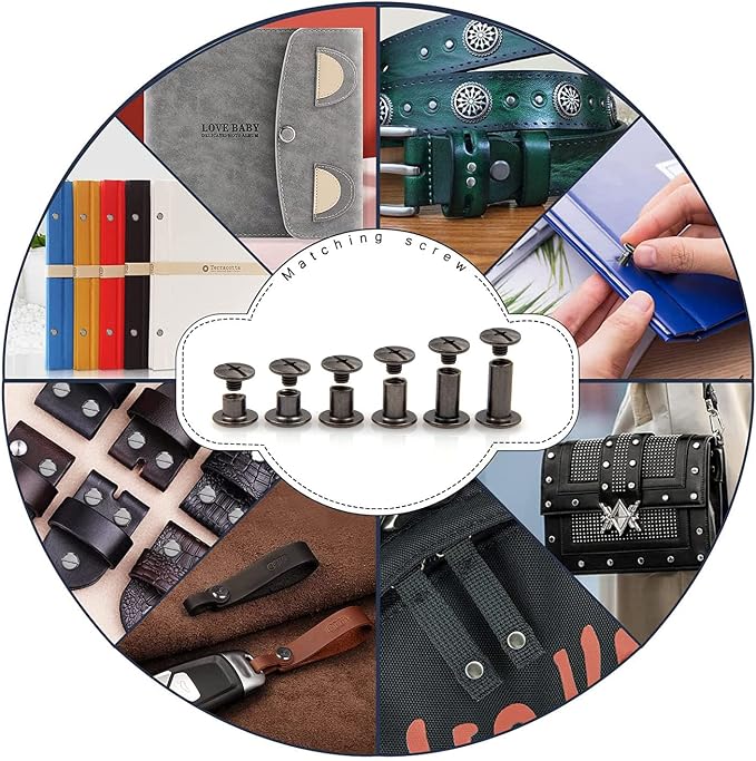 Black Chicago Screw Leather Assorted Kit, 90 Sets, 6 Sizes | M5 X 4, 5, 6, 8, 10, 12, Screw Rivets for Leather, For DIY Leather Craft, For Bookbinding