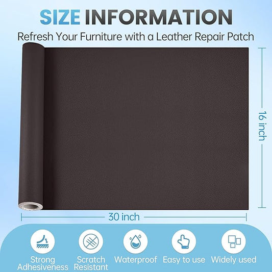 Leather Repair Patch Tape Kit, 16" x 30" Self Adhesive Leather Repair Patch for Furniture, Vinyl Leather Repair Kit for Car Seat, Chairs, Couch, Sofa, Boat Dark Brown