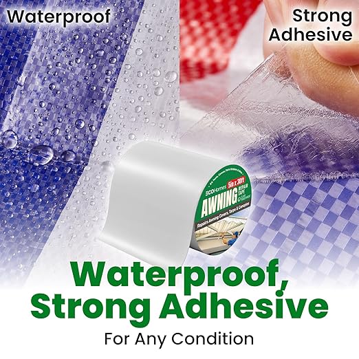 Awning Covers & Tarp Repair Tape - Waterproof Self Adhesive Patch Repair Kit | Patch Tapes for Awnings, Outdoor Canopies, Patio Window Awnings, Gazebos, Tents, RV, Canvas, Boat Covers (Transparent 5")