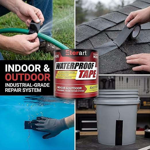Waterproof Tape Black 4 Inch x 10 FT - Heavy Duty Rubberized Seal Repair for Active Leaks - Fix Roofs, Underwater Pool Liners & Pipes - All-Weather Emergency Patch Tool for Homeowners & Campers
