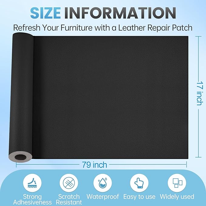 Leather Repair Patch Tape Kit, 17" x 79" Self Adhesive Leather Repair Patch for Furniture, Vinyl Leather Repair Kit for Car Seat, Chairs, Couch, Sofa, Boat Black