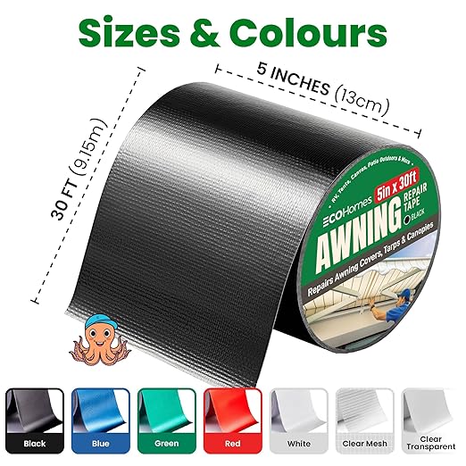 Awning Covers & Tarp Repair Tape - Waterproof Self Adhesive Patch Repair Kit | Patch Tapes for Awnings, Outdoor Canopies, Patio Window Awnings, Gazebos, Tents, RV, Canvas, Boat Covers (Black, 5 Inch)