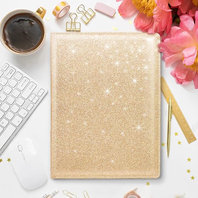 Glitter Portfolio Case, Bling Padfolio Cover for Women, Conference/Resume/Legal Document Organizer with Letter/A4 Size Clipboard Hardboard, Business Card Holders, Champagne