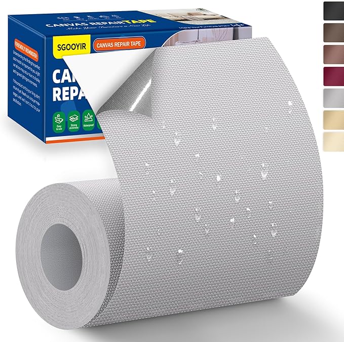 Self-Adhesive Canvas Repair Tape, 4" x 79" Waterproof Canvas Repair Patch, Fabric Patch Repairs Kit for Furniture, Tents, Sunbrellas, Boat Covers Awnings, Couches, Clothes, Bags Light Grey
