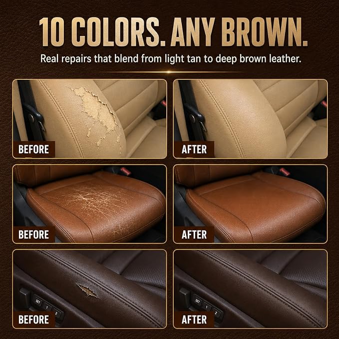 Leather & Vinyl Repair Kit for Furniture, Couch, Sofa, Chair, Car Seat | 10 Brown Shades, No Skills Needed, for Cat Scratch, Crack, Tear, Hole on Faux Upholstery, Recliner, Purse, Shoes, Jacket, RV
