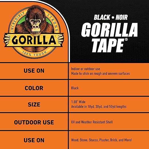 Gorilla Duct Tape,Black Tape,1.88" x 50 yd - Heavy Duty and Weather Resistant for Indoor or Outdoor,(Pack of 6)