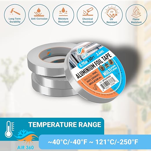 Aluminum 0,75" x 50 ft High Temperature Foil Duct Tape, HVAC Cold Weather 3/4" AC Tape, Waterproof Fire Proof Metal Tape for Air Conditioner, Thick Flex Duct Tape for Vent Repair, Pipe Insulation