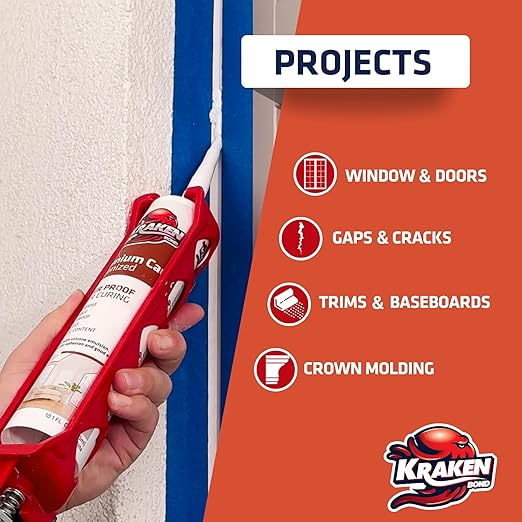 Kraken Bond Premium All Purpose Acrylic Latex Caulk - (12x10.1 fl. oz.) White Paintable Interior and Exterior Window Caulk, Baseboard, Trim, Kitchen and Bathroom - Waterproof, Odorless - 12 Pack