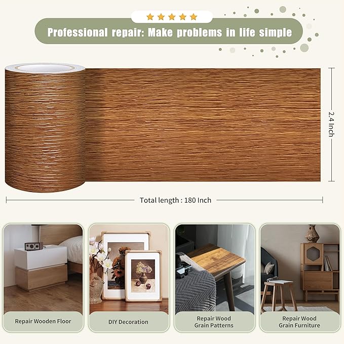 Besezx Wood Grain Tape, 2.4" X15', Self Adhesive Wood Grain Repair Patch for Tables, Chairs, DIY,Baseboards, Doors, Windows, Floors and Furniture Renovation.（Raw Wood Grain）